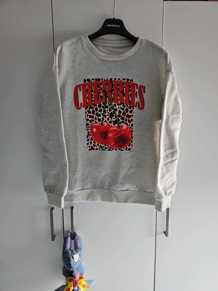 Pull gris, cerise