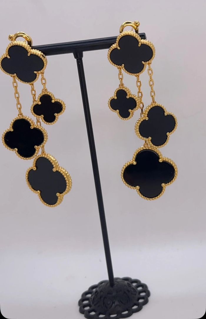 Boucles d’oreilles pendantes trèfles onyx noir - photo numéro 16