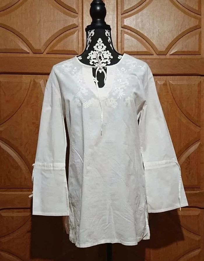 Tunique blanche casual bohème à broderie de fleurs taille 38 Support 100% coton - photo numéro 2