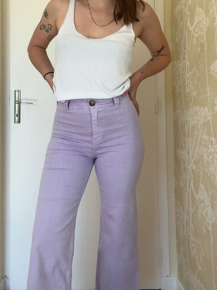 Pantalon jean culotte/évasé violet lilas - photo numéro 3