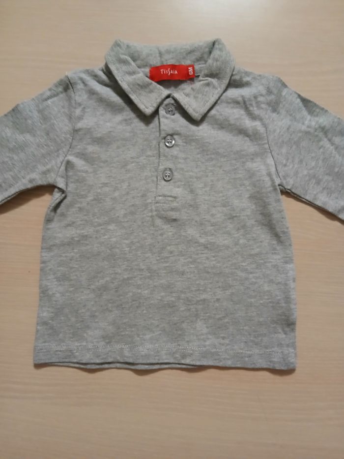 Polo bebe longue manche en coton taille 6 mois marque tissaia  couleur gris - photo numéro 4