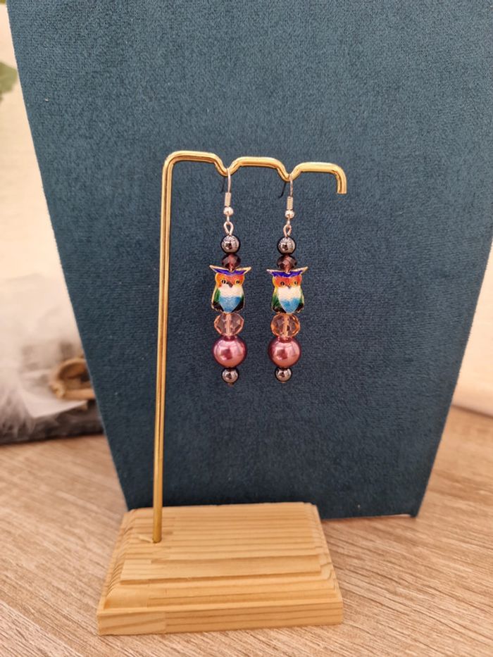 Boucles D'oreilles Hibou Perles Roses Grises Cristal - photo numéro 4