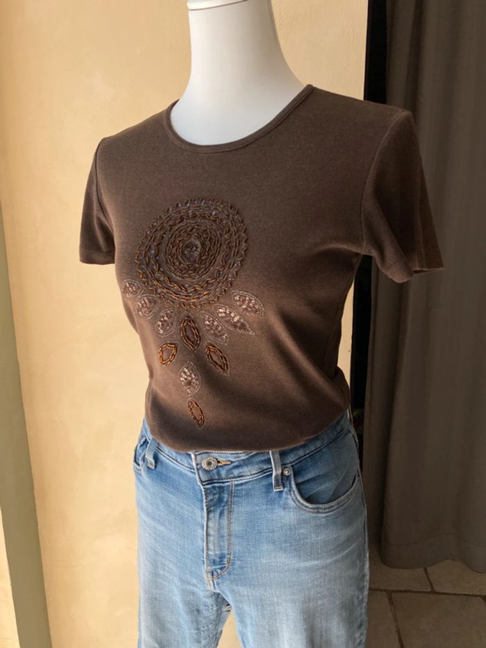 T-shirt marron brodé de perles vintage M - photo numéro 2