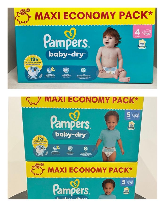 🔹 Mix Packs Pampers Baby-Dry (Taille 4 et 5) Maxi Economy – 296 couches – Neufs scellés