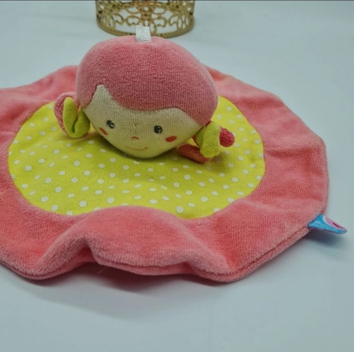 Doudou plat rond poupee rose vert pois Sucre d orge - photo numéro 3