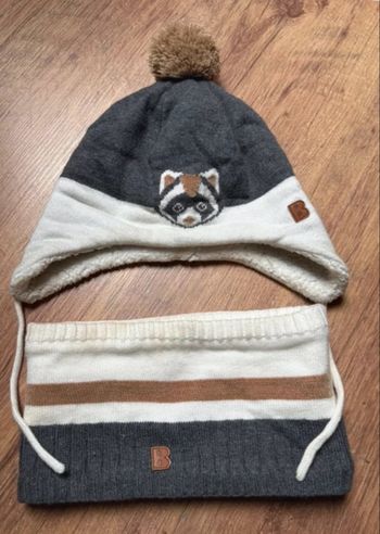 Ensemble bonnet & cache-cou Obaïbi – gris/blanc/beige – parfait état