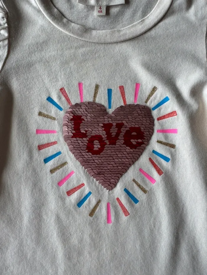 Tenue 2 pièces, tregging jeans pailleté bleu denim et top ML beige cœur sequins - Taille 4 Ans - photo numéro 6