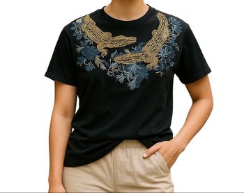 T-shirt manches courtes noir à motifs doré bleu Zara taille 36 S