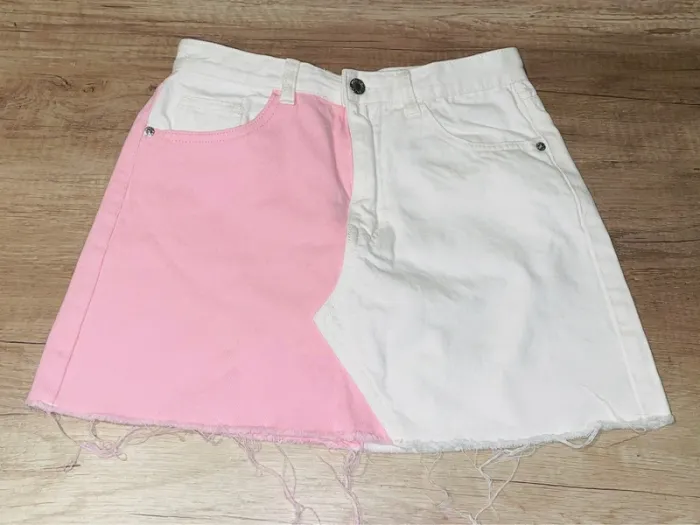Jupes momokrom jeans rose/blanc t36 ( 2dispo idéal jumelle)