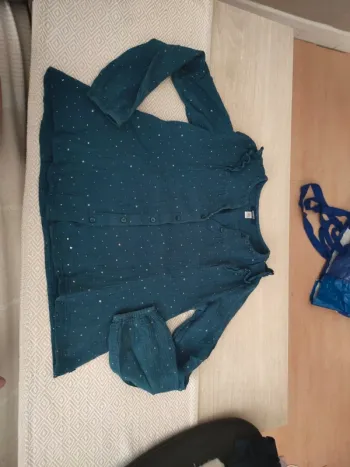 Blouse verte bleu  pois or gaz de coton Okaïdi 12 ans