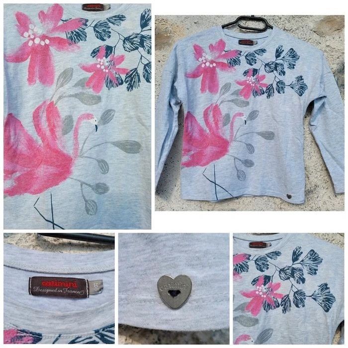 Superbe tee-shirt manches longues Catimini gris anthracite motif flamant rose 🦩, 8 ans