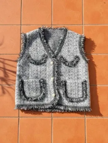 Gilet sans manches Solianne gris texturé poches taille S, chic élégant