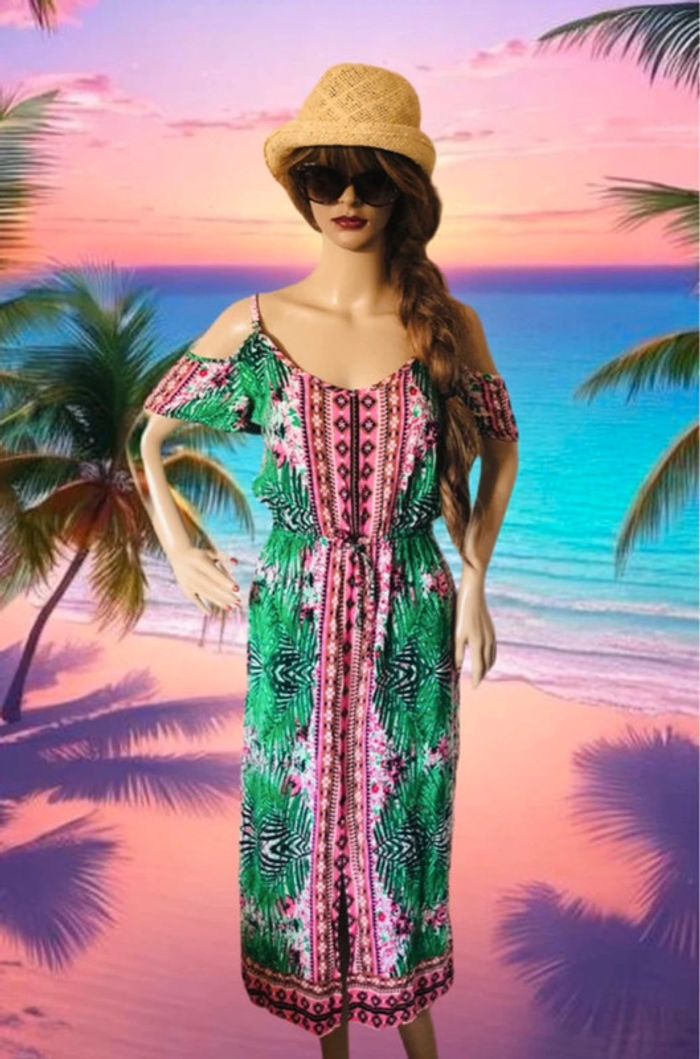 🌴🌿Robe de vacances tropicale ethnique épaules dénudées Summer ethnic jungle Off-shoulder dress🌿🌴 - photo numéro 12