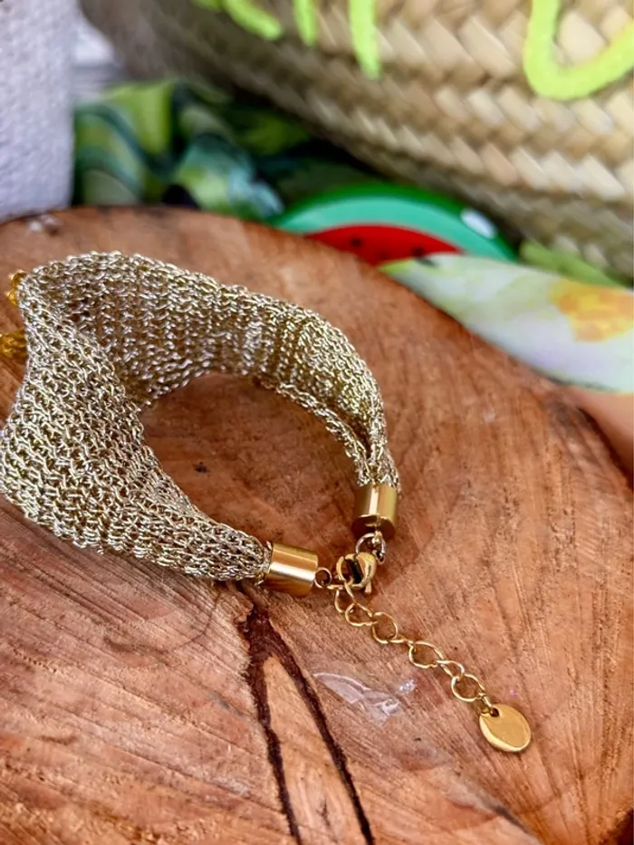 Bracelet manchette large fils tissés or chaîne réglable cœur ex-voto acier inoxydable or - photo numéro 5