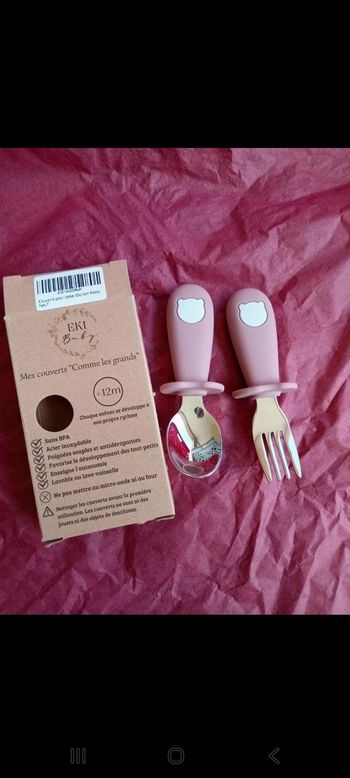 Couverts bébé ergonomiques roses – cuillère et fourchette – neufs
