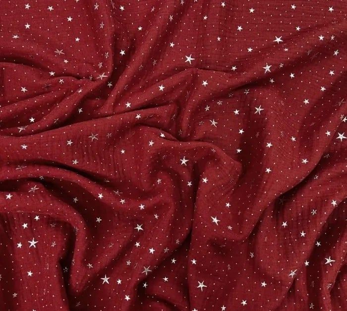 Coupon Mousseline Double gaze de coton rouge brique avec étoiles argentées - photo numéro 2