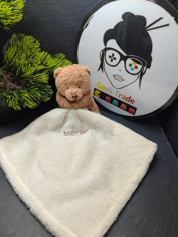 Doudou Ours Beige Marron Blanc  Baby Nat' Bonbon plat mouchoir Crème Ancien 