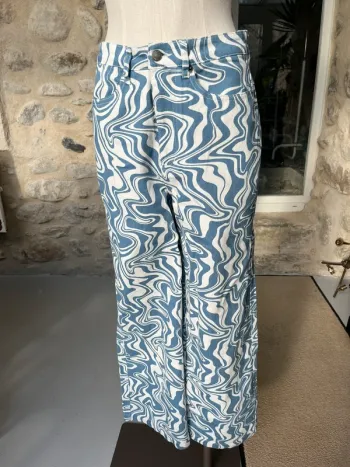 Ghanda - Jean rayures party pants swirl bleu blanc psyché psychédélique taille haute jambes larges