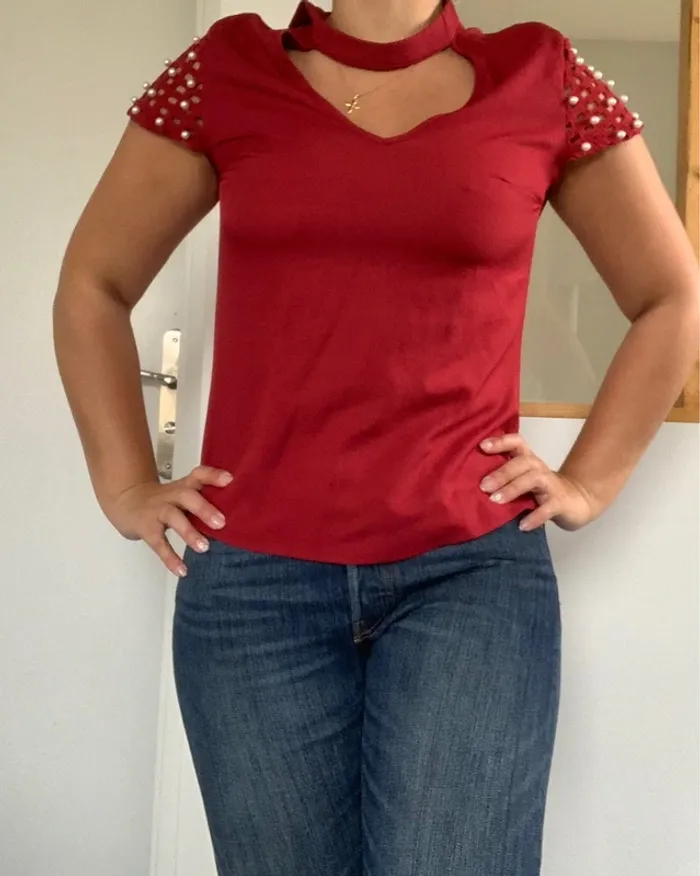 Top rouge bordeaux perles shein