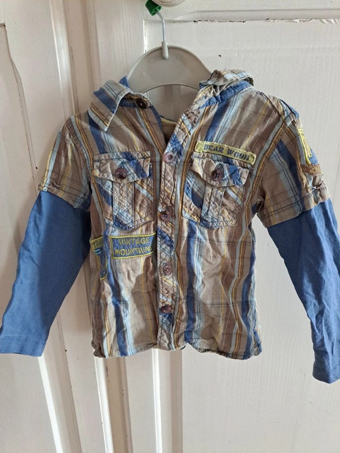 Chemise manche longue a capuche à carreaux bleu et marron 12mois orchestra