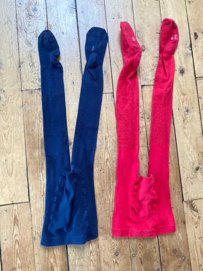 2 collants rouge pailleté Okaidi et marine 4-6 ans