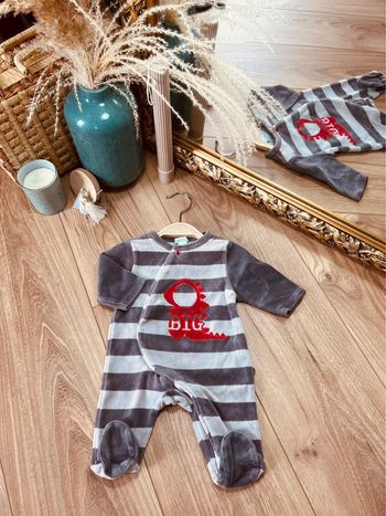 Taille 1 mois pyjama velours garçon Obaibi gris et rouge * Dino * 💙