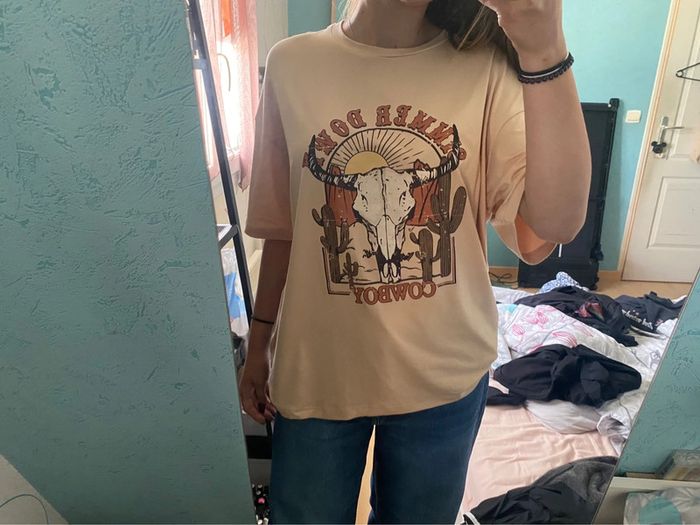 t-shirt large, over size beige à dessin - photo numéro 3