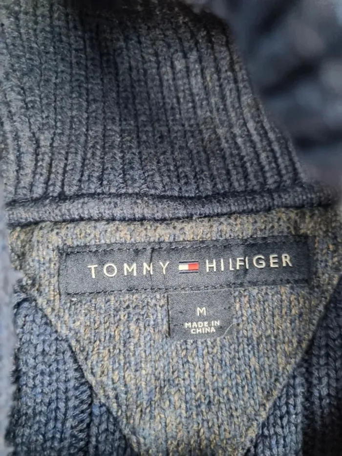 Pull col châle torsadé Tommy Hilfiger rayé bleu & gris – Taille M Homme (mesures en photos) - photo numéro 5