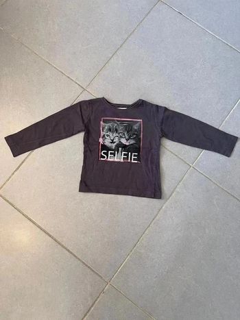 T-shirt avec " 2 chats - Selfie "- In extenso - Manches longues - Violet, rose noir & blanc - 2 ans