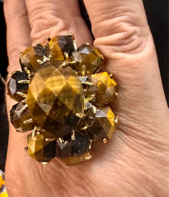 Bague XXL ’ réglable acier inoxydable or pierres véritables œil de tigre de qualité  habaha Paris - photo numéro 3
