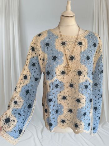 Pull en maille léger en crochet taille unique S/M/L beige noir bleu