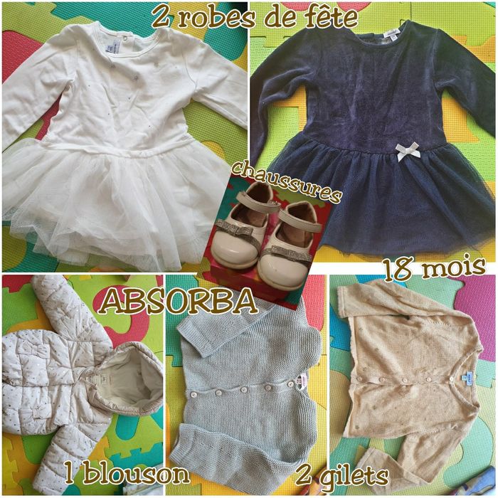 Lot vêtements fille 18 mois fête Noël jour de l'an, robes, blouson, gilets, chaussures Absorba