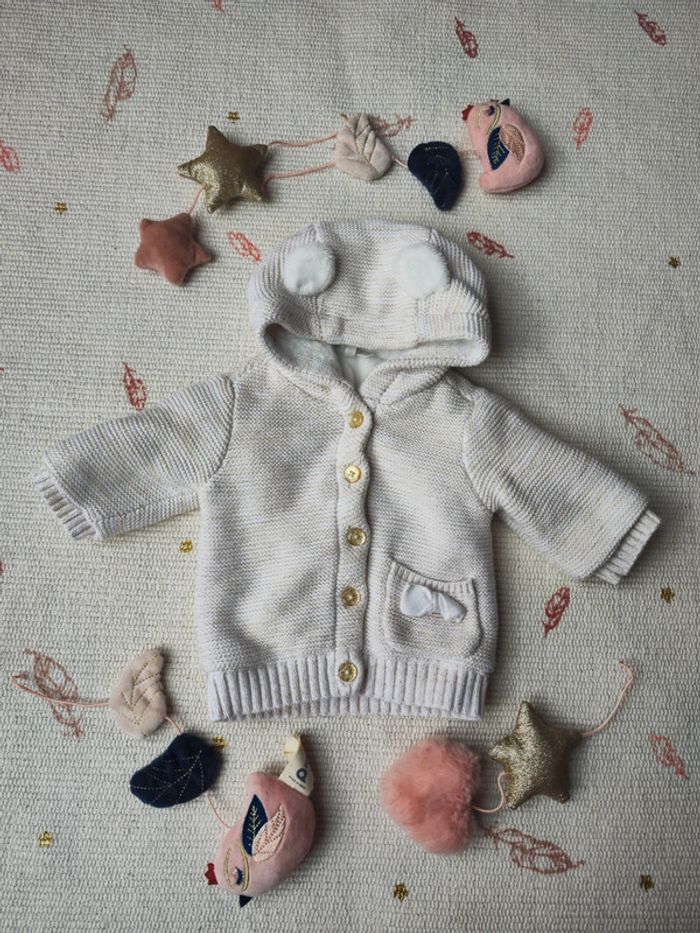 Gilet bébé fille écru avec capuche à oreilles