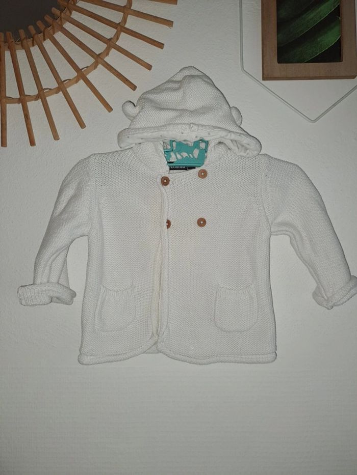 Petit gilet cardigan blanc coton capuche oreilles animal croisé boutons bois 6 mois in extenso