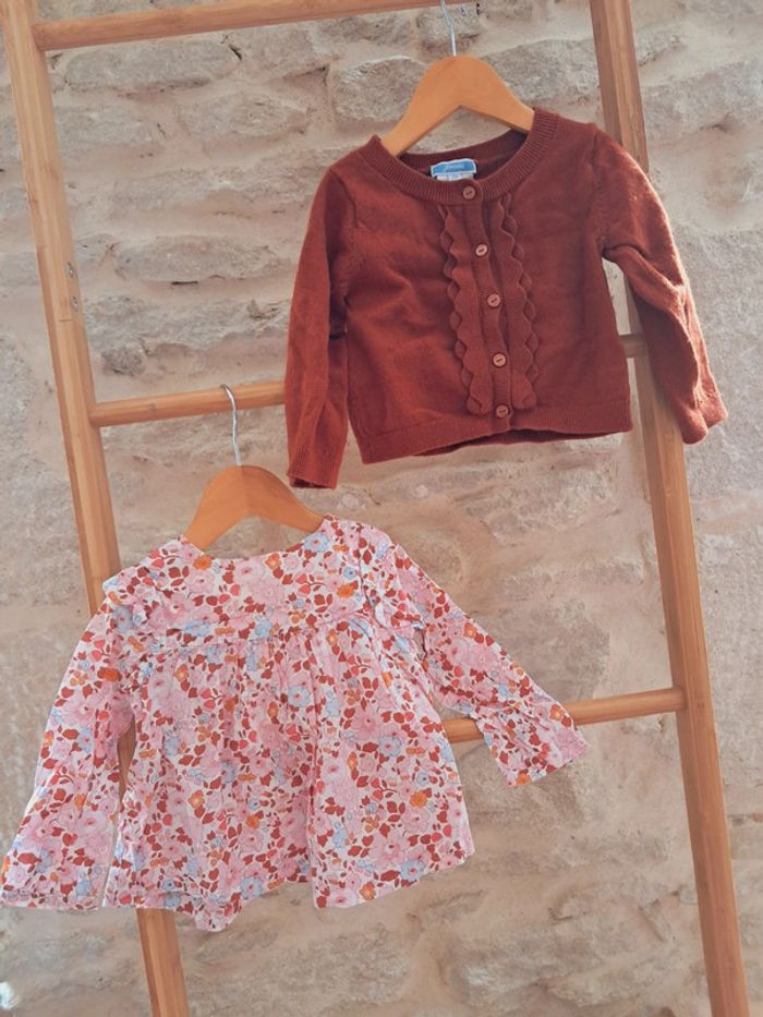 Ensemble blouse Jacadi liberty betsy écureuil + cardigan moka 18m