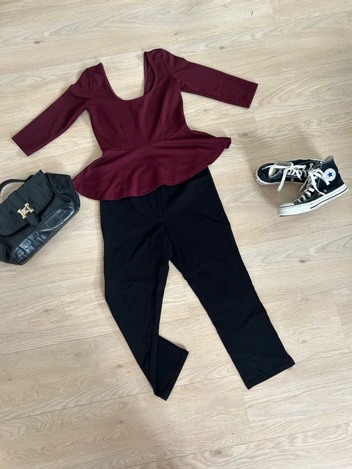 Ensemble femme pantacourt noir et top pelplum manches 3/4 bordeaux - photo numéro 2
