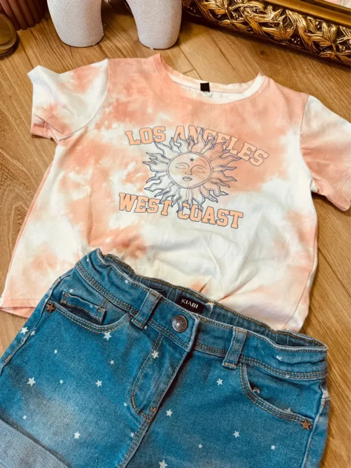 Taille 5 ans tenue 2 pièces été fille Kiabi abricot et bleu jean * soleil étoiles * 🌸 - photo numéro 5
