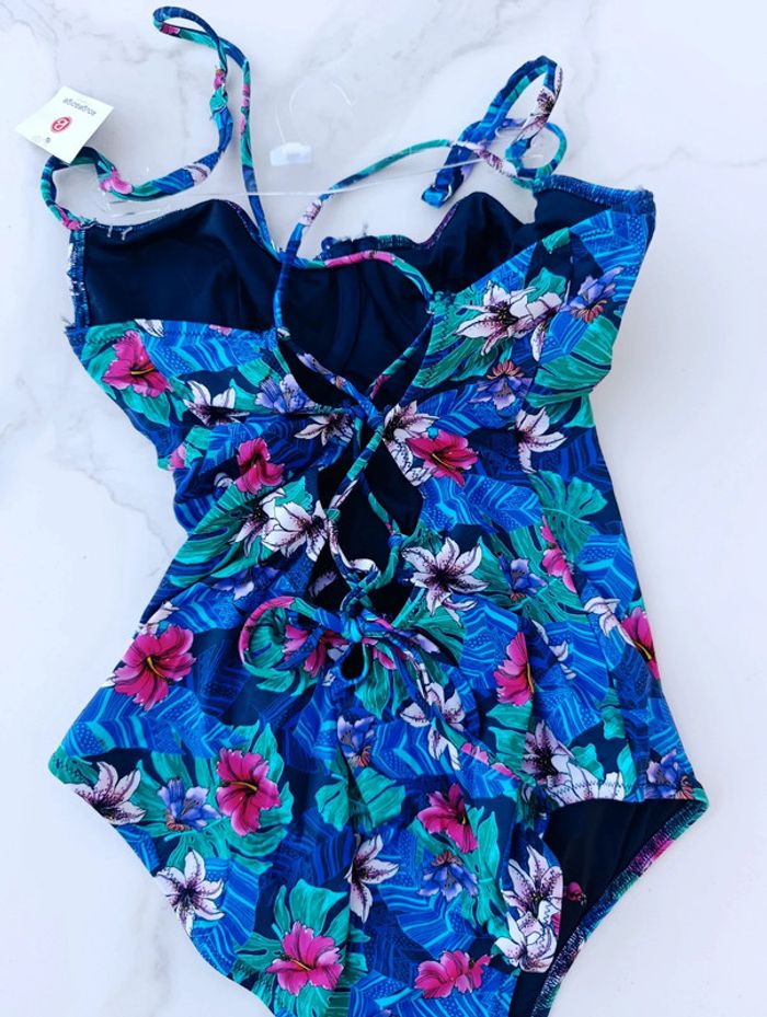 Maillot de bain 1 pièce RougeGorge neuf 90B fleur feuillage tropical lacets dos avec baleine - photo numéro 5
