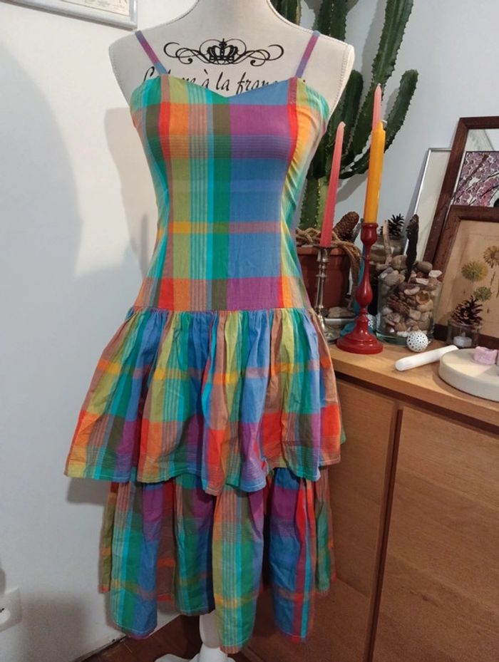 Robe vintage Multicolore coton carreaux madras - photo numéro 3