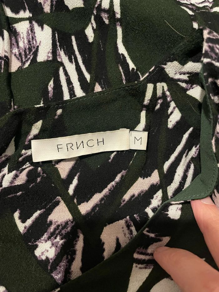 Blouse manche longue vert foncé à motifs noir et blanc col V dos lacet Frnch taille M - photo numéro 6