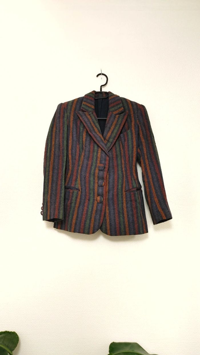 Veste en 100 pour 100 laine totalement vintage année 50 fait main rayure rayé - photo numéro 5