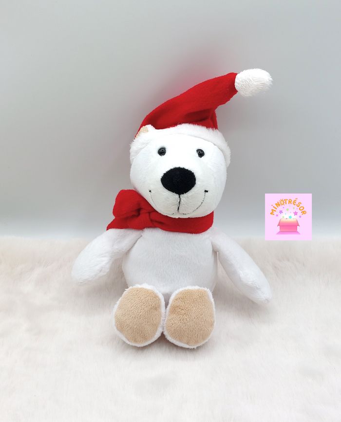Doudou peluche ours polaire blanc bonnet Noël 24 cm KINDER Ferrero écharpe rouge