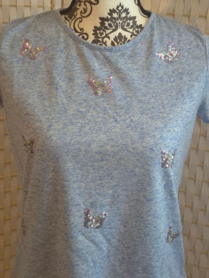 Joli T-shirt bleu chiné papillons sequins C&A fille 170/176 14/ 16 ans - photo numéro 5