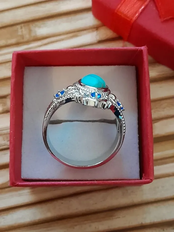 Bague argentée, Pierre turquoise, style Bohème strass, Taille 60 - photo numéro 3