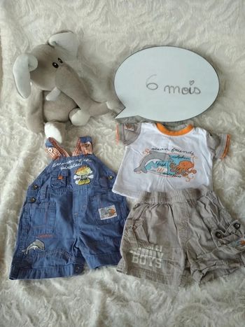 Ensemble (tee shirt+salopette+short) Garçon 6 mois dauphin pieuvre "ocean friends" 100% coton