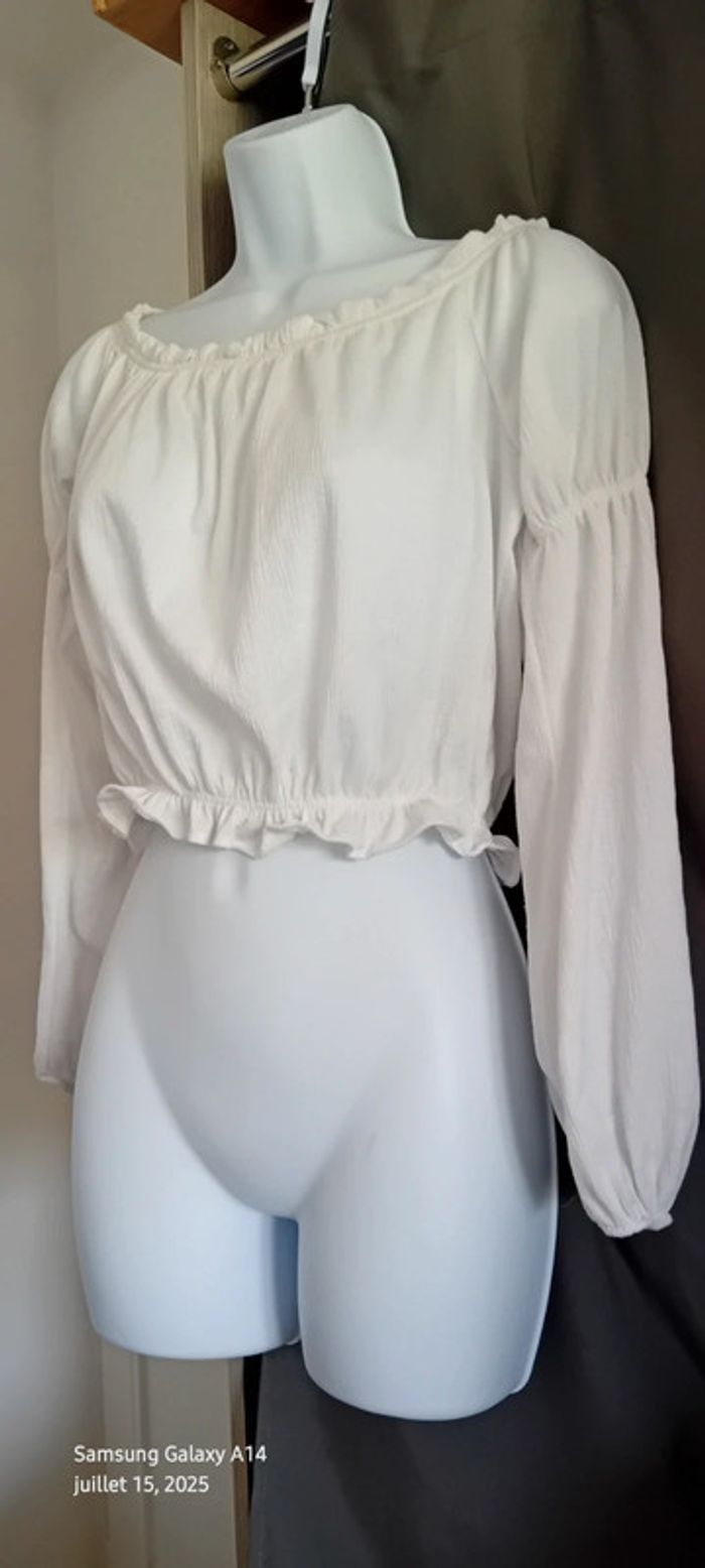 Blouse courte col Bardot elastique aspect plissé blanc femme L bershka - photo numéro 6