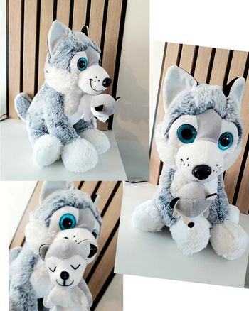 Doudou peluche husky chien loup et bebe environ 39 cm