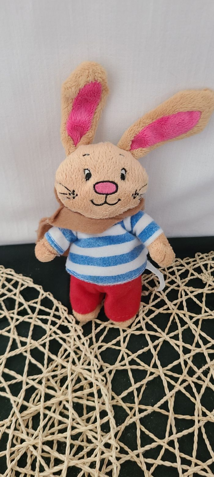 Doudou peluche lapin beige Corentin kleine Huppel 20 cm rouge tee-shirt rayures