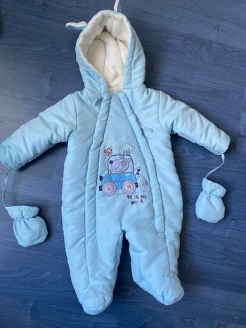 Combinaison pilote bébé 3 mois bleu ciel avec gants