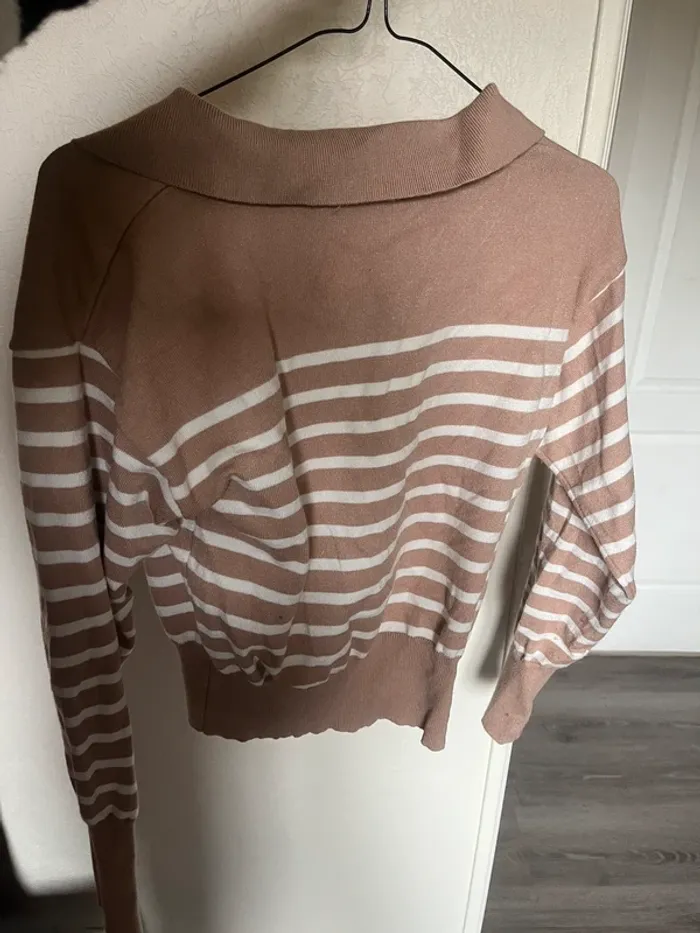 pull col v à rayures beige marron clair et blanc - photo numéro 5
